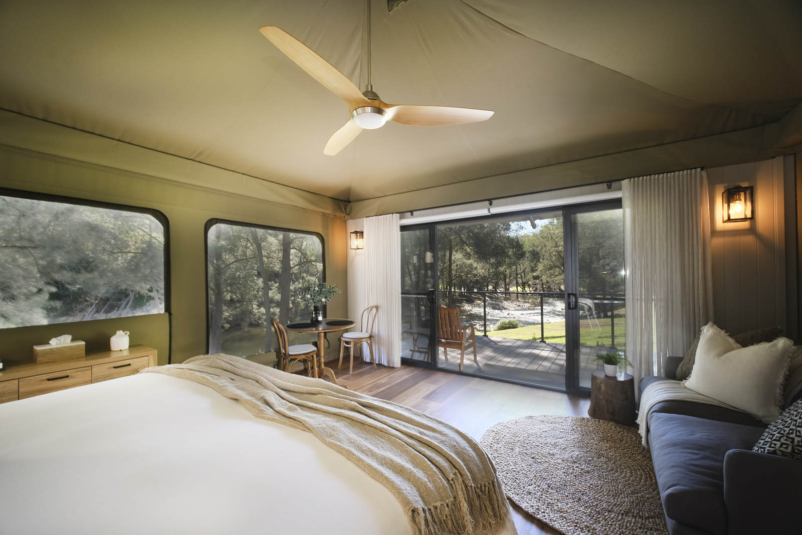 Luxury eco glamping tent at dusk